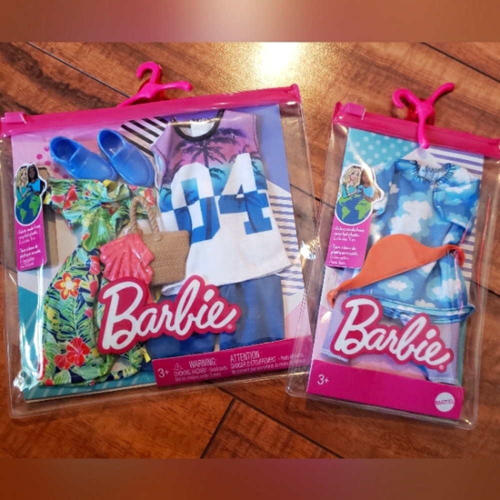 2 Barbie & 1 Ken Brand New outfits Blue Orange and Green Summer Beach Tropical